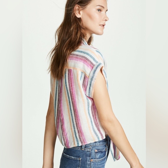 💜 Rails M Amelie Avila Stripe Linen Button Up Tie Bottom Top - Picture 3 of 7